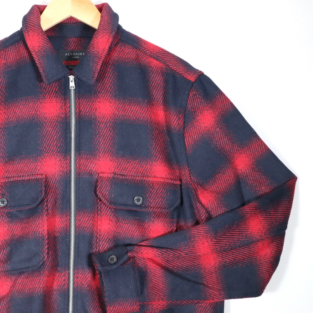 AllSaints Juneau Jacket Mens L Red Plaid Wool Blend Zip Up Relaxed Shacket Coat